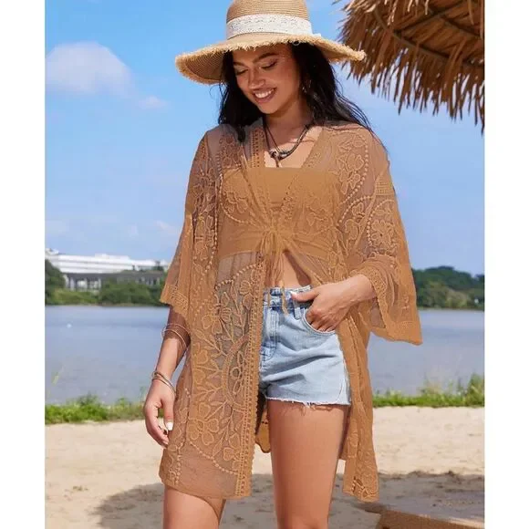 NWT Bsubseach Kimono Cover up Duster tan/light brown One Size fits Medium to XL - Picture 2 of 10